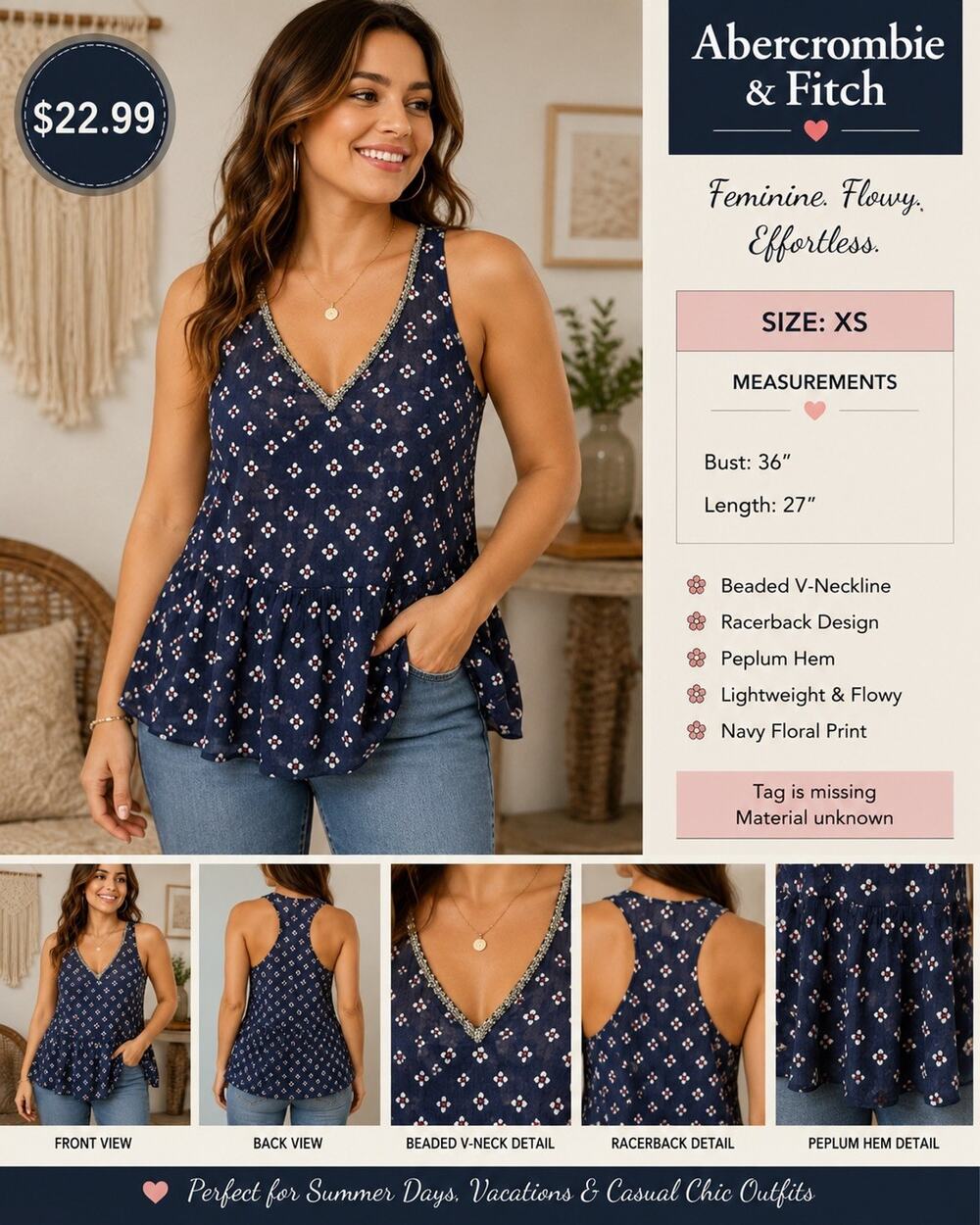Abercrombie & Fitch Women’s Floral V-Neck Beaded Tank Top Blue/White/Red XS